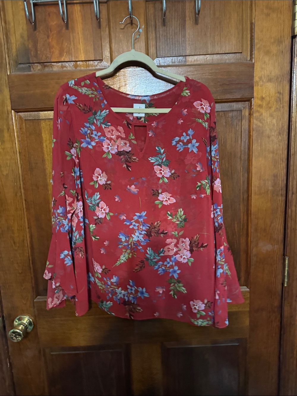 CAbi Red Floral Bell-Sleeve V-Notch Blouse